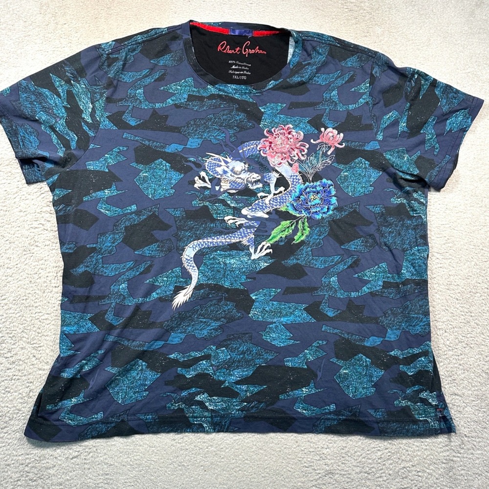 Robert Graham T-Shirt Mens 3XL Blue Camo Dragon Floral Embroidered Luxury Tee
